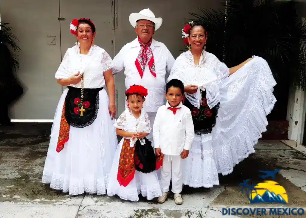 Traditional Veracruz clothing in white, symbolizing purity and peace, worn by men and women in loose shirts, trousers, and flowing dresses, reflecting the region's cultural heritage and connection to Nahuatl traditions celebrated through music, dance, and community identity.