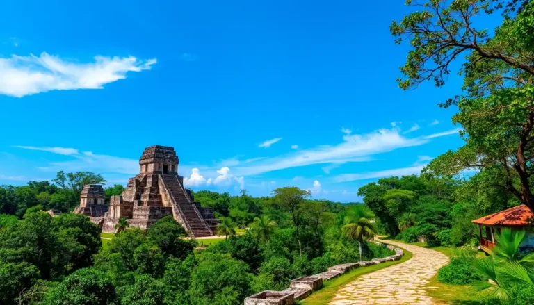 A serene view of the ancient Puuc Route in Mexico’s Yucatán Peninsula, with Uxmal’s Mayan temples and pyramids set amid lush greenery and a bright blue sky.