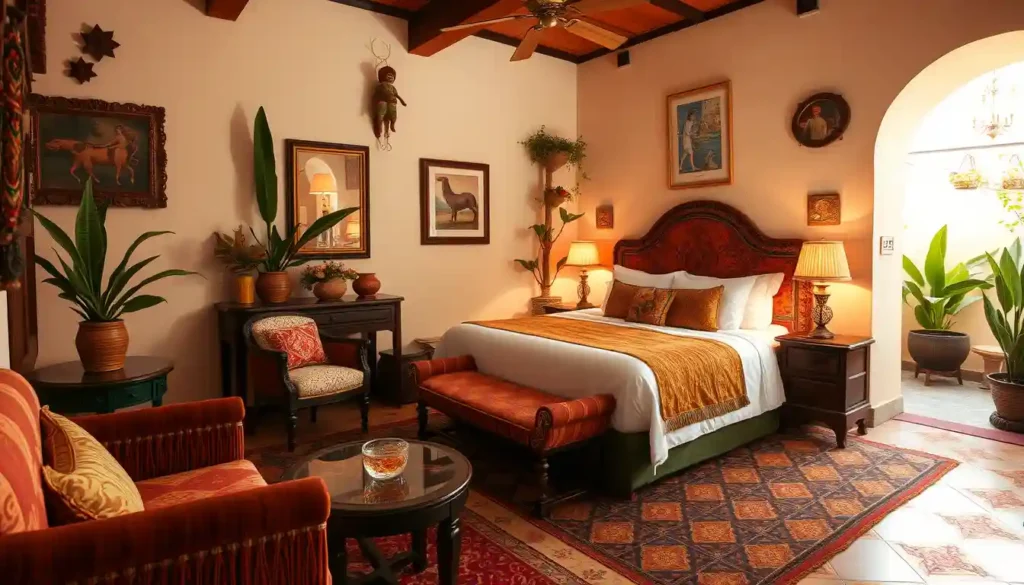 Cozy boutique hotel in Mascota with vibrant Mexican-inspired decor, plush furnishings, and a warm, inviting ambiance, offering a perfect blend of traditional elegance and modern comforts, within walking distance of key town attractions.