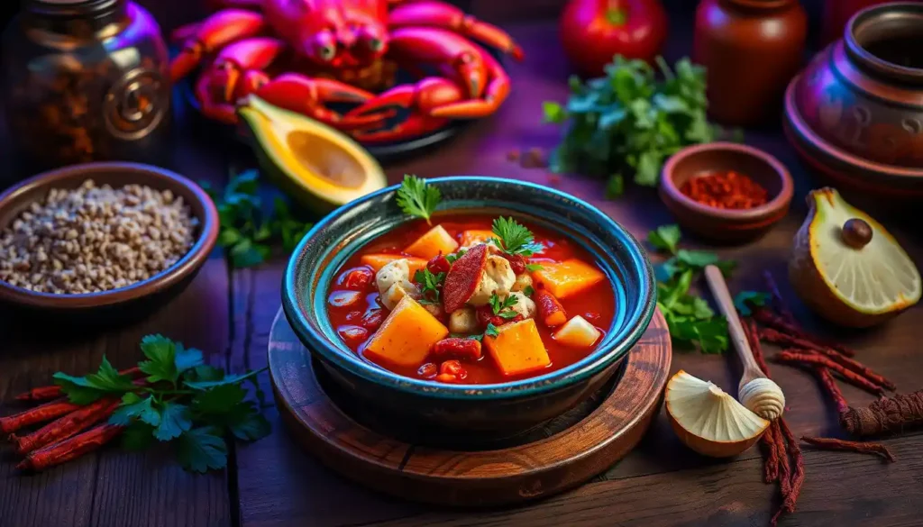 A vibrant bowl of Chilpachole de Jaiba, featuring fresh crab, herbs, and spices, set on a rustic wooden table.