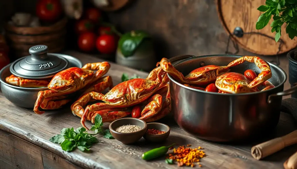 A rustic kitchen table displays a large pot filled with vibrant crab Chilpachole de Jaiba and simmering vegetables.