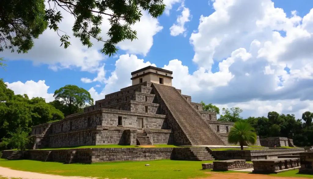 Ancient Sayil Mayan ruins in Mexico’s Yucatán Peninsula, with a 20-meter-high acropolis and intricate stelae carvings in a lush, green setting.