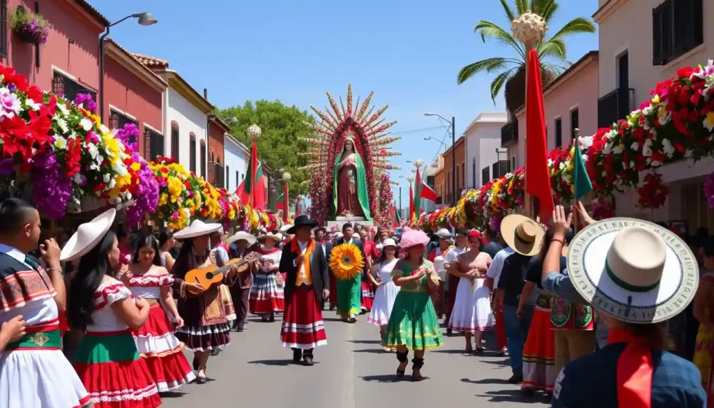 "Processions honoring Our Lady of Talpa with vibrant decorations and traditional attire, lively folk dancers and musicians performing during the Feast of Our Lady, and floral displays with artists showcasing their work at the Festival de la Primavera.