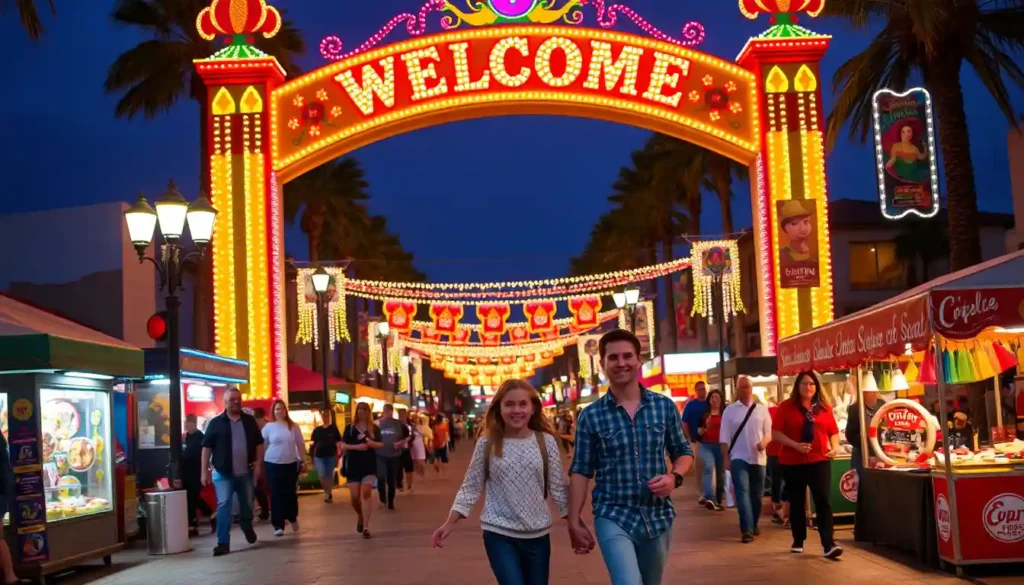 A vibrant scene of Talpa de Allende's Welcome Arch illuminated with festival lights and decorations, bustling with lively crowds, street food vendors, and handmade crafts, as a joyful family walks hand in hand toward the arch amidst the celebration.