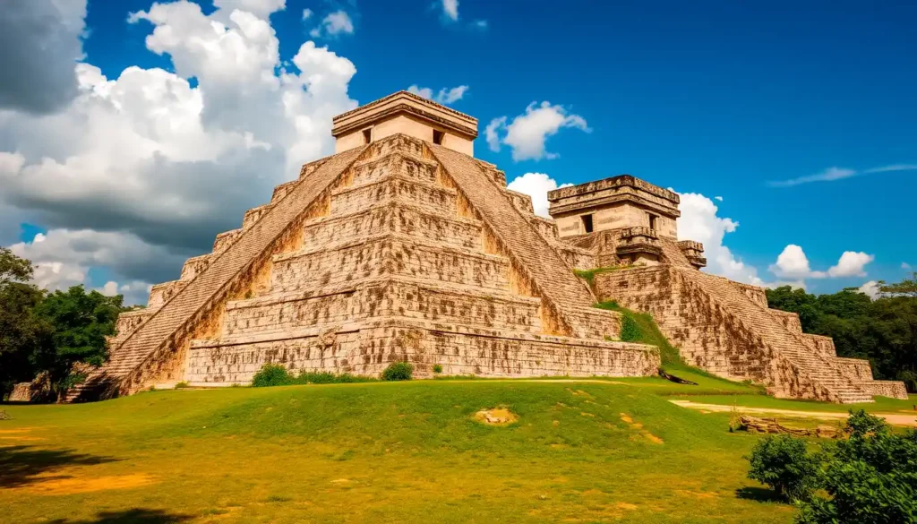 Kabah Mayan site on the Puuc Route, featuring the Codz Poop adorned with Chaac masks and the five-tiered Pyramid of the Five Stories.