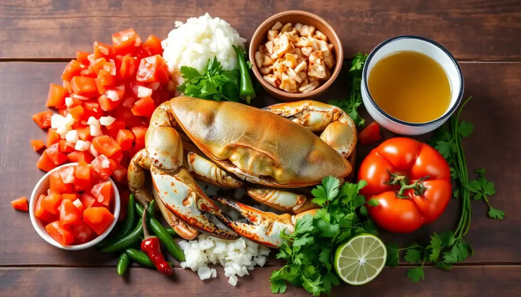  A fresh blue crab Chilpachole de Jaiba surrounded by diced tomatoes, chopped vegetables, and spices on a rustic wooden table.