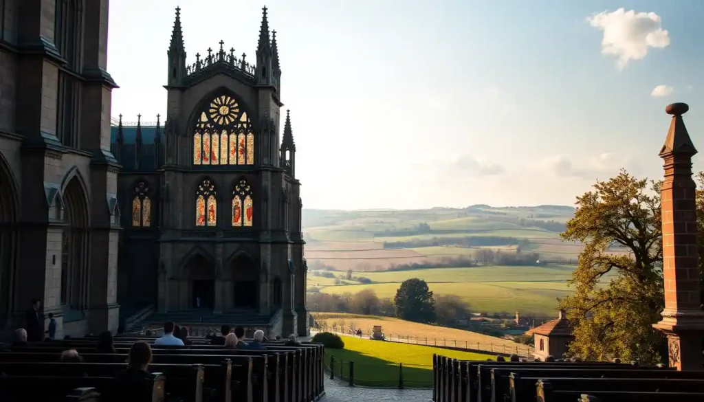 A stunning Gothic cathedral with towering spires and intricate stone carvings, set in tranquil countryside; its stained glass windows cast colorful light over silent devotees inside, with rolling green hills and rustic farmhouses visible beyond, bathed in warm afternoon sunlight.