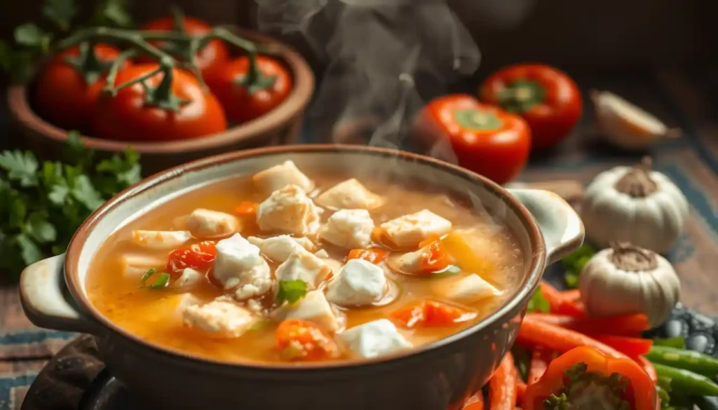 A vibrant bowl of Chilpachole de Jaiba, showcasing crab and fresh vegetables in a clear broth, symbolizing health and comfort.