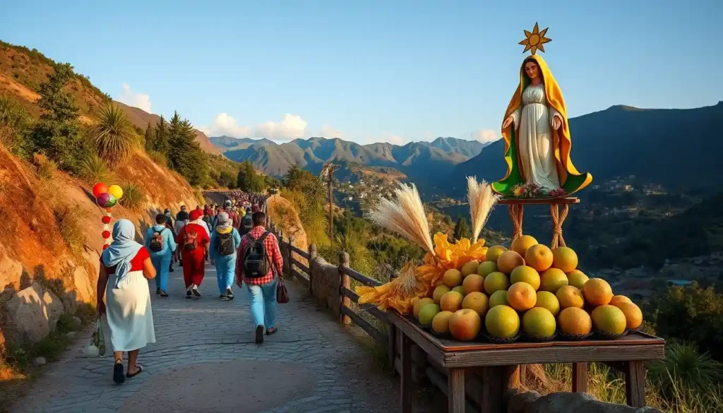 Vibrant pilgrims walking a winding trail adorned with offerings and flowers, heading to the Virgin of Talpa, with lush tropical landscapes, rustic towns, and a colorful vendor stall featuring traditional regional delicacies like sweet guava treats, bathed in golden light.