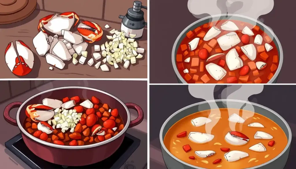 A series of four visuals illustrating the steps of cooking crab, from cleaning to simmering with vegetables in a pot.