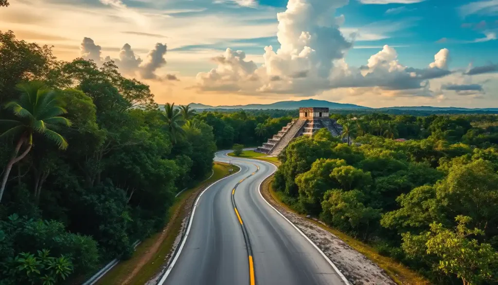 A winding road through Yucatán's jungle leading to hidden Maya ruins and vibrant towns under a clear, vibrant sky.