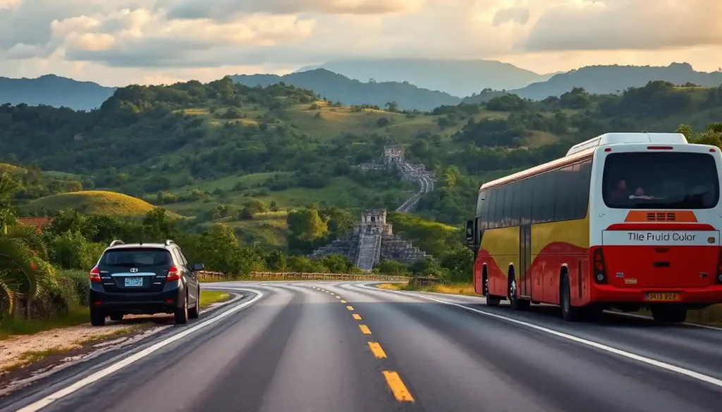 A winding road toward the Puuc Route’s Mayan ruins, with a rental car and bus under a rising sun over Yucatán’s scenic landscape.