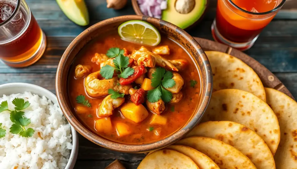 A delicious bowl of chilpachole de jaiba with rice and vegetables, topped with cilantro, served alongside warm tortillas.