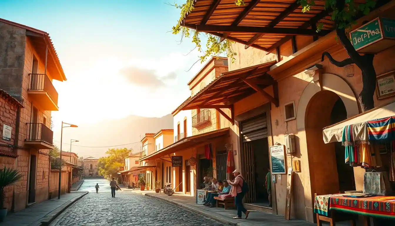 A picturesque view of Talpa de Allende, a Mexican town with cobblestone streets, colonial architecture, a vibrant market with colorful fabrics, and surrounding mountains under soft golden light, reflecting its rich history and warm local spirit.