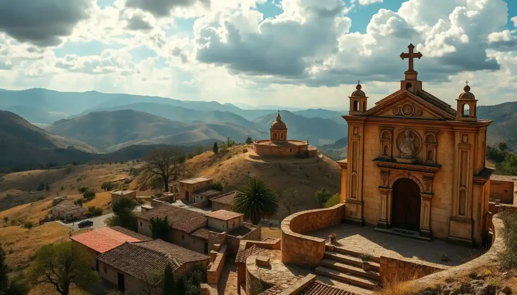 A panoramic view of Talpa de Allende, featuring chapels scattered across rolling hills, with a close-up of San Juan Bautista chapel's intricate carvings and artwork, and a solitary hilltop chapel radiating rustic charm and spiritual energy.