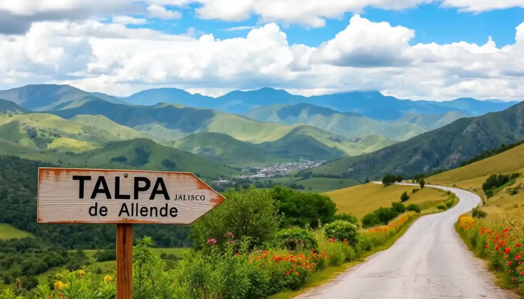 A tranquil landscape of Talpa de Allende's rolling green hills, rugged mountains, and a winding road, with a rustic road sign pointing toward the town, surrounded by wildflowers and lush foliage, and a subtle map of Jalisco in the background highlighting Talpa de Allende.