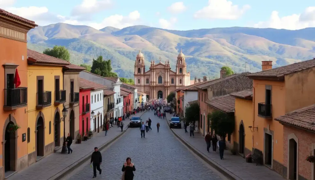 Talpa de Allende's cobblestone streets, colonial buildings, and pilgrims on the winding Pilgrim's Route, with the Cathedral of Our Lady of Talpa in the distance, surrounded by rolling hills and lush greenery during a colorful annual religious festival.