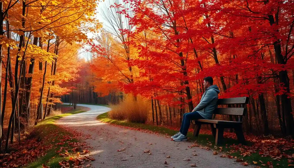 A wide-angle view of a serene autumnal maple forest with a winding trail lined by vibrant red and golden trees, a lone traveler seated on a rustic wooden bench, immersed in the peaceful glow of nature's fiery autumn colors.