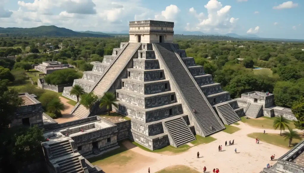 An ancient Mesoamerican city on the Puuc Route, showcasing the majestic Pyramid of the Magician and Governor's Palace, set against a lush jungle background.