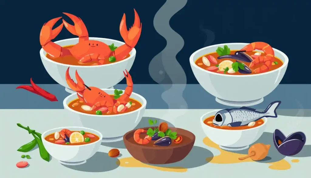 A bowl of seafood soup featuring crab, shrimp, and vegetables, showcasing a rich blend of flavors and local ingredients.
