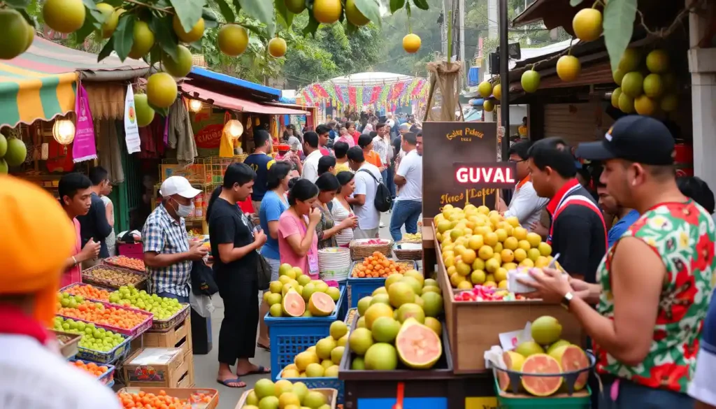 Colorful stalls at the Guava Fair displaying fresh guavas and guava products, locals enjoying guava-infused treats like sweets and jams, with street performers and musicians enhancing the lively festive atmosphere.