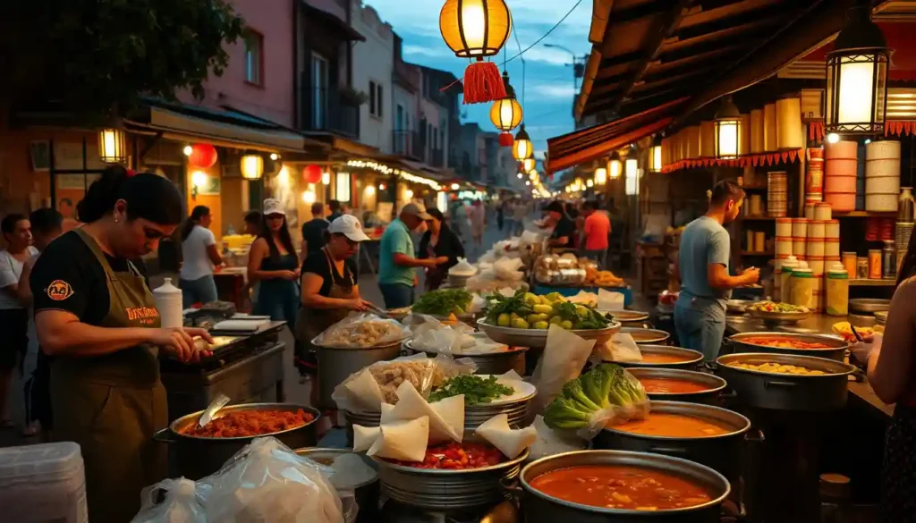 A lively Mexican market scene at dusk with street vendors and family-run eateries, traditional cooks preparing tamales and pozole, surrounded by the warm glow of lanterns, reflecting a blend of indigenous traditions and modern culinary influences.