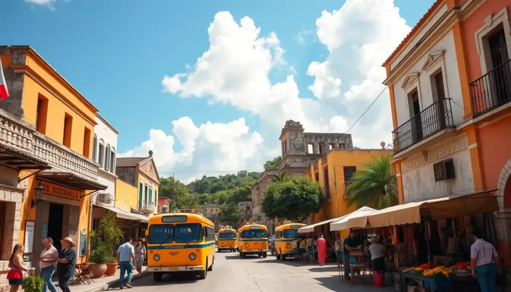 A bustling Mexican town in the Yucatán Peninsula with Mayan heritage, colorful architecture, and a lively market offering crafts and produce.