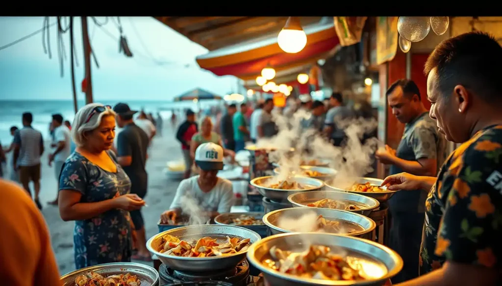 Vibrant beach market filled with people savoring chilpachole de jaiba, surrounded by colorful stalls and festive atmosphere.