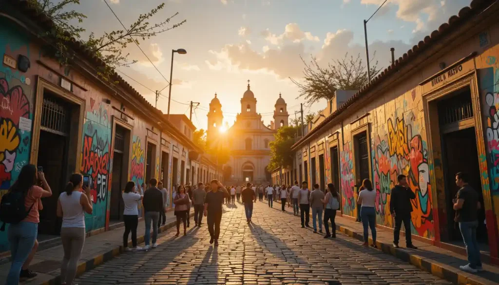 A picturesque scene in Jalatlaco with vibrant street art, colorful paint splatter walls, and cobblestone streets. The Templo de San Matias with golden sunlight at sunset, and a photo-worthy arch entrance to the neighborhood. 