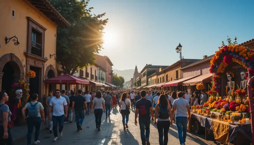 A sunny day in Oaxaca with clear skies and cool evening air. People stroll through the vibrant streets of Jalatlaco, enjoying the festive atmosphere during the Day of the Dead celebrations