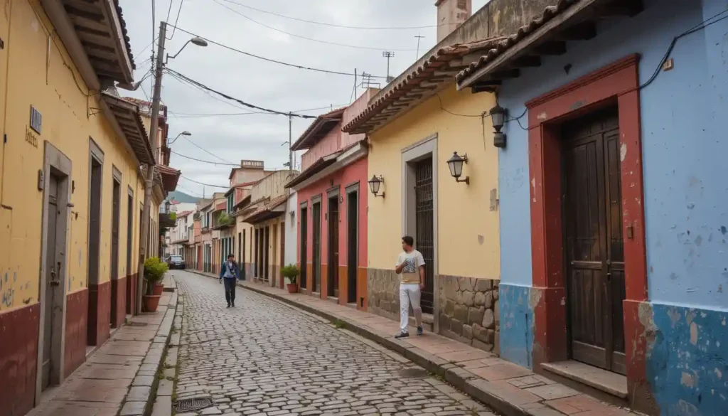 An old and charming neighborhood in Oaxaca, featuring narrow cobblestone streets with colonial-style houses. The image shows a blend of history and modernity, with colorful walls and traditional architecture. 