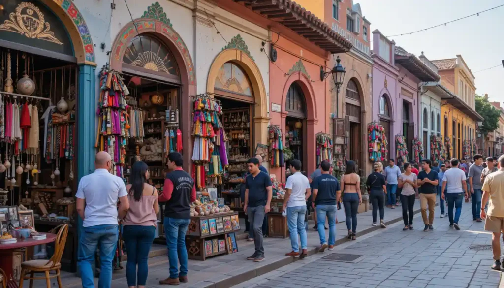 Colorful boutiques selling handmade Oaxacan goods such as woven textiles, pottery, and jewelry. The shops have charming facades with traditional Mexican decorations. Shoppers browse through the unique items, chatting with the friendly local artisans who create them