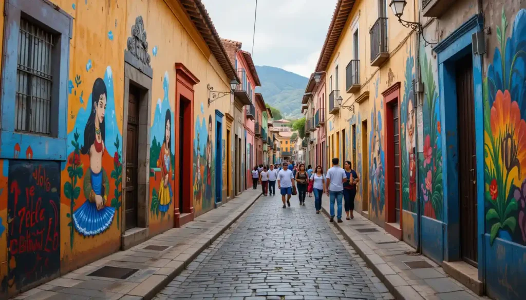 Jalatlaco neighborhood in Oaxaca City, showcasing cobblestone streets lined with colorful murals on sheer walls, creating an atmosphere that feels like walking through a living painting