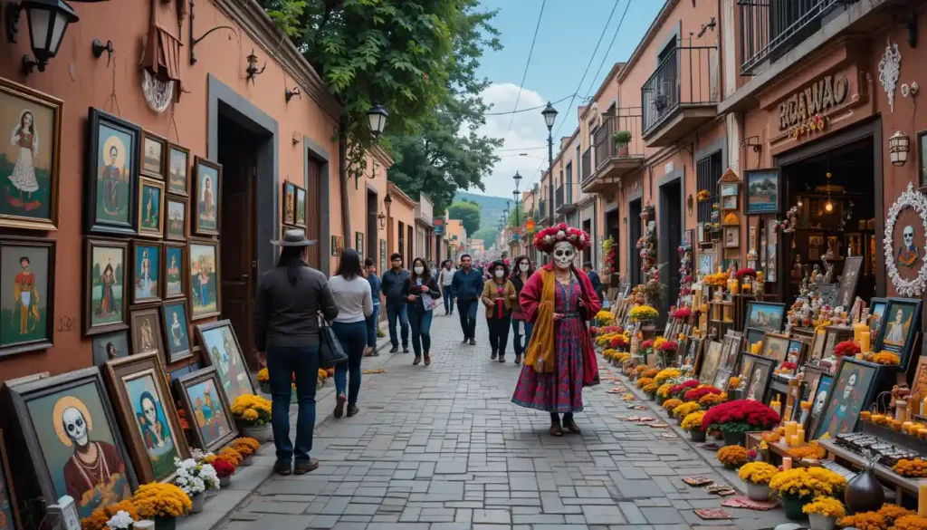 Local art studios and galleries displaying unique Oaxacan artwork, with visitors admiring paintings and crafts. The streets filled with altars and processions for the Day of the Dead, with marigolds, candles, and traditional offerings