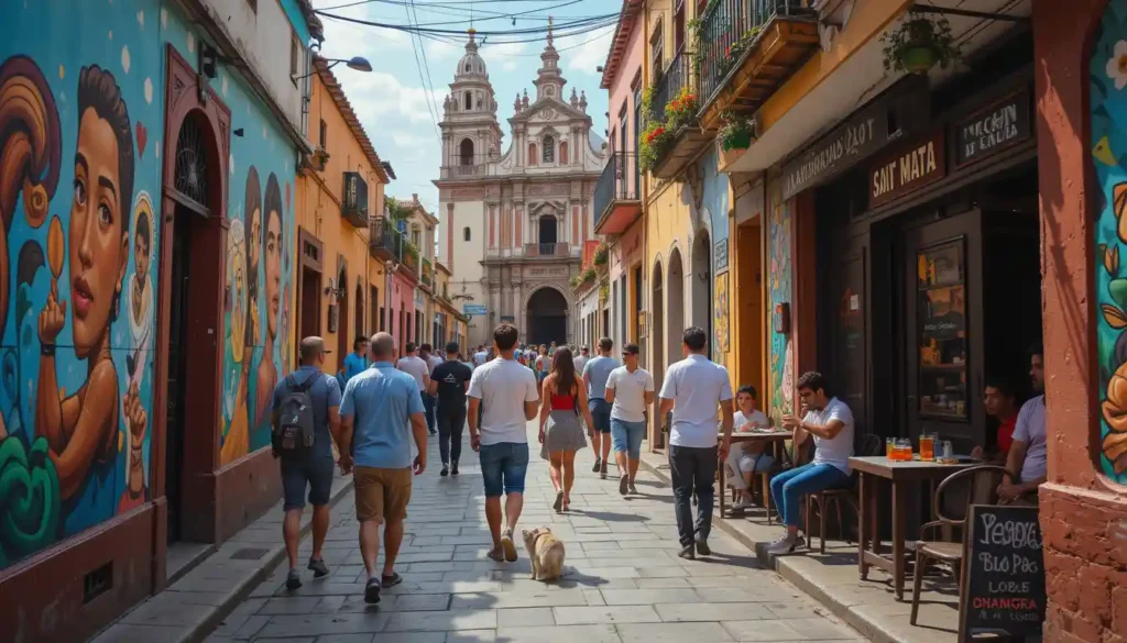 People walking along narrow streets, exploring vibrant murals on the walls. A small café with outdoor seating, people sipping coffee and enjoying light bites