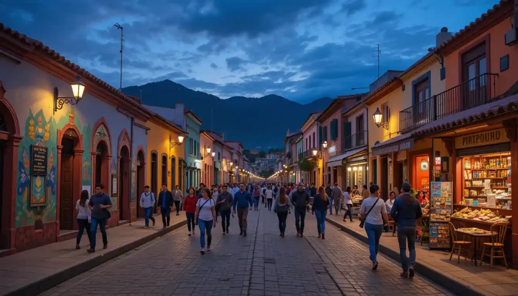 Streets of Jalatlaco at dusk, with colorful buildings and vibrant murals glowing under soft streetlights. People walking leisurely, capturing memories with cameras, enjoying local food, and shopping for handmade souvenirs