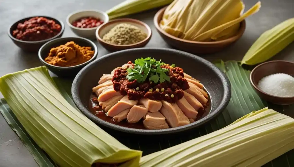 Zacahuil Tamale Recipe including Roughly ground masa, cuts of pork, chicken, or turkey, chili paste made from dried guajillo and ancho chilies, aromatic spices like cumin, garlic, oregano, and salt, and a bowl of lard or vegetable.